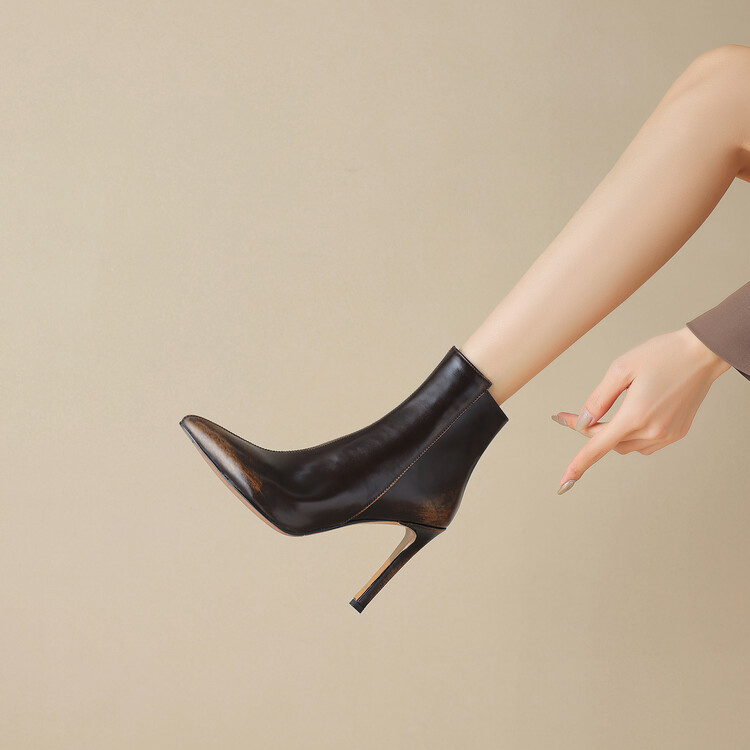 Super High Heel Pointed Toe Thin Heel Boots Women's Retro Chelsea Women's Shoes Genuine Leather Naked Boots British Style Martin Boots khaki