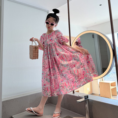 QZ8111 夏季新款女童裝女大童蓬蓬袖連衣裙親子圓領高腰長裙A字裙