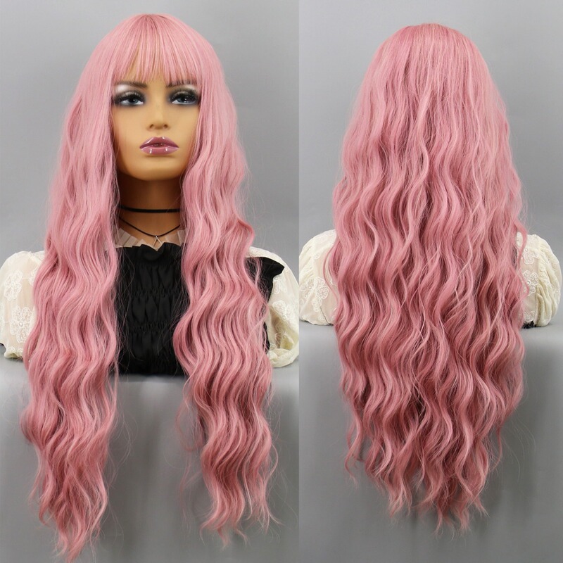 2023 new long wave curly bangs wig women's synthetic European and American cross-border high temperature silk fashion pink headgear