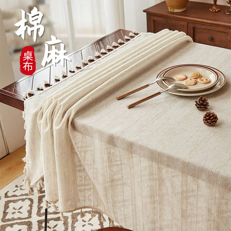 European Style Classical Cotton and Linen Tablecloth Tassel Line Atmospheric Tablecloth Dust-proof Decorative Cloth Living Room Coffee Table Cover Towel