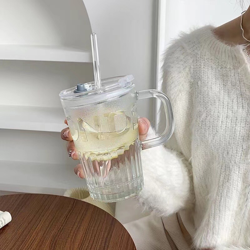 ガラス製ストロー付きコーヒーダブルドリンクカップ、ガラス製ウォーターカップ、コールドブリューミルク用蓋付き、文字入りハンドル付きストロー付きガラスカップ|undefined