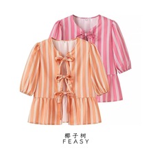 亚马逊跨境外贸欧美女装2024夏季新款竖条纹蝴蝶结系带衬衫