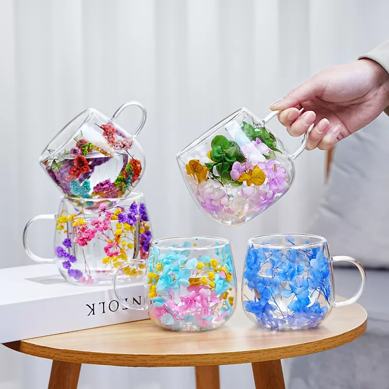 跨境批发真花双层玻璃杯高颜值高硼硅玻璃茶杯网红带把双层真花杯