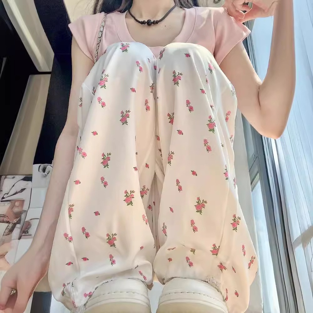 白色碎花工装裤女2024新款夏季高腰阔腿直筒休闲束脚美式速干运动