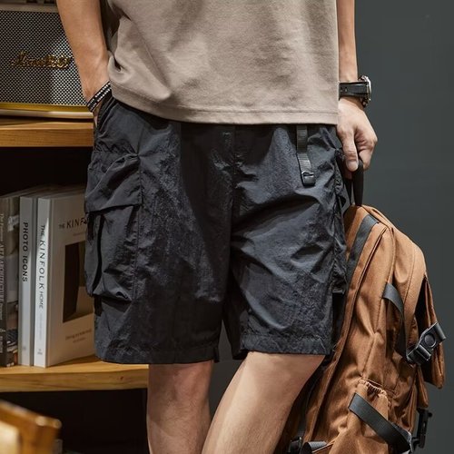 Japanese style workwear shorts for men, loose fit, quick-drying ice silk casual five-pocket shorts, summer thin model sports mid-rise pants