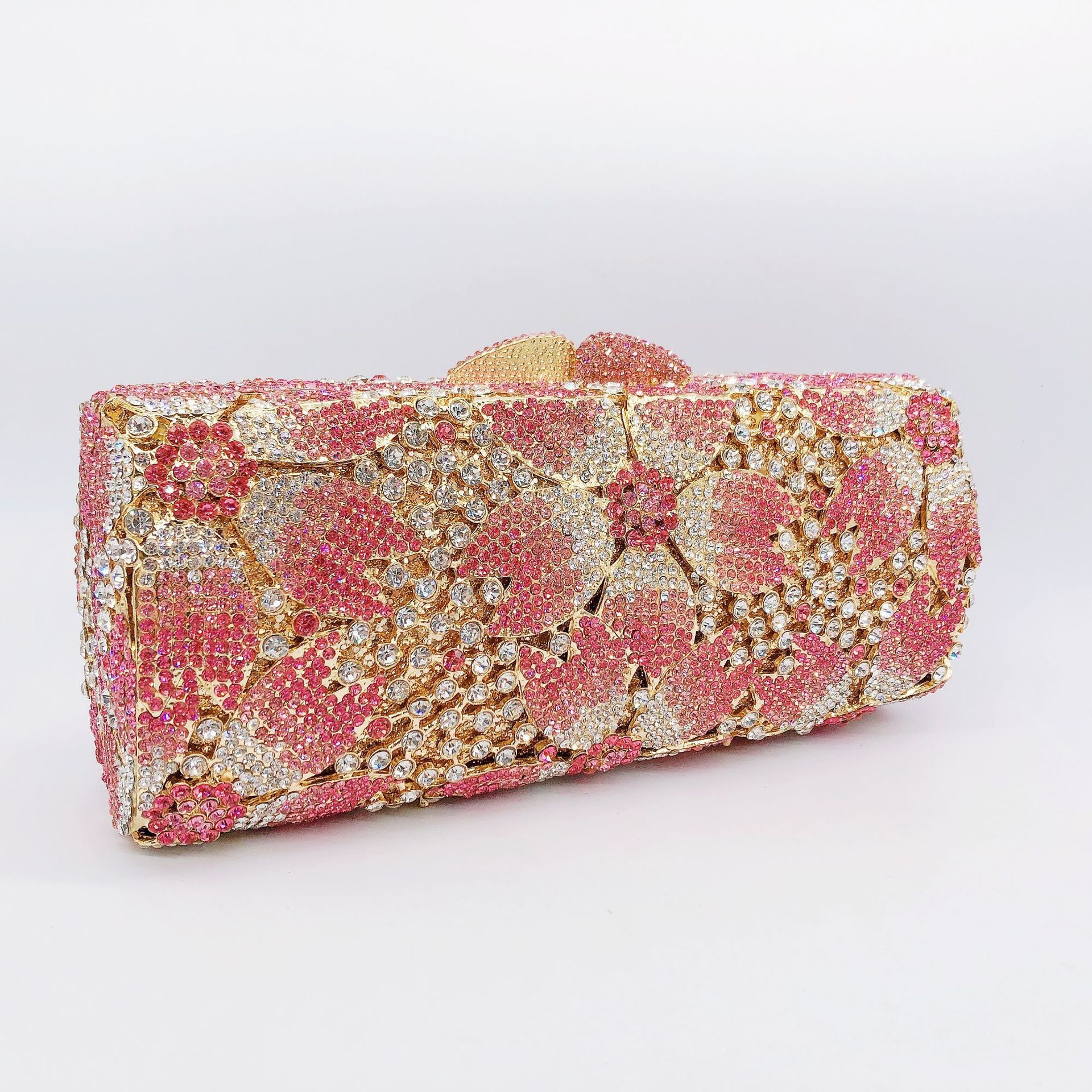 Stone Clutch Handmade Diamond Bag for Dinner Bag Metal Caja Dura Hollow Cherry Flower Full Diamond Hand Bag