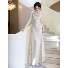 亮片单肩晚礼服女主持人年会高端2025新款高级感订婚裙轻奢敬酒服
