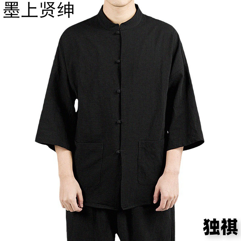 Camisa Zhongshan de lino de estilo chino, manga de cinco puntos para hombres, traje Tang, algodón y lino chino, camisa fina informal, traje de té de verano