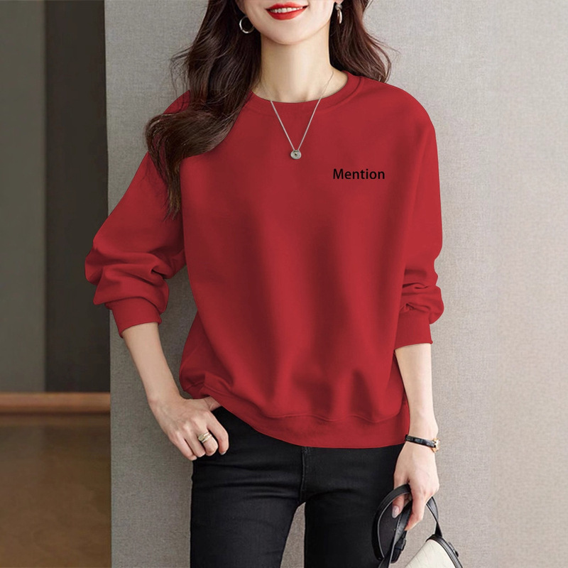 Autumn and Winter Maroon Round Neck Women's Sweatshirts New Loose Korean Style Casual Multi-Purpose Fleece-Lined Thickened Cover