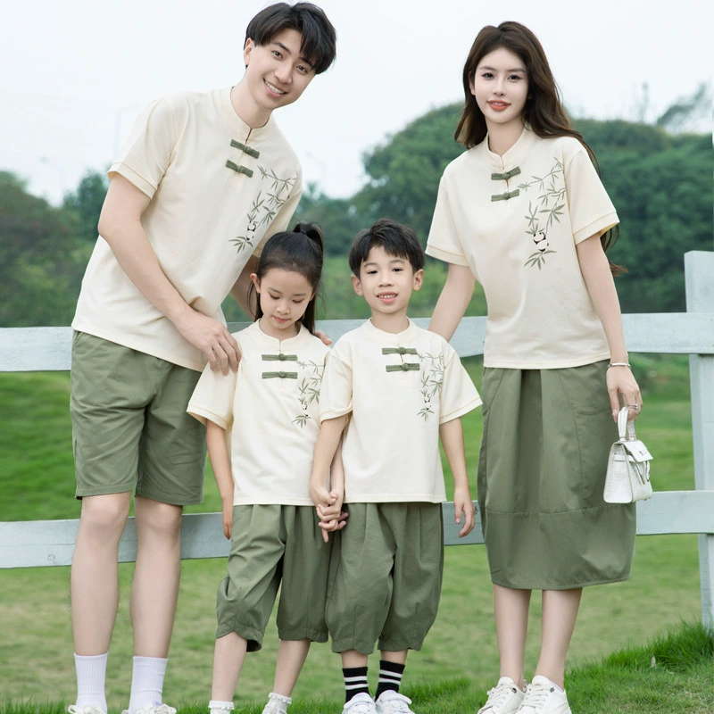 Летние наряды для родителей и детей 2026 года в китайском стиле, с коротким рукавом, в стиле эпохи Республики Китай, комплекты для мамы и дочки, семейные наряды для семьи из трех или четырех человек, национальный тренд, семейные наряды в стиле ханьфу.