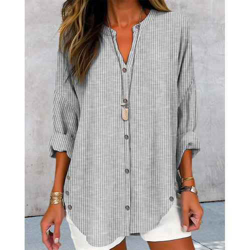  Amazon Women's Autumn and Winter New Cross-border European and American Casual Fashion Button Stripe Long-sleeved Solid Color Shirt 