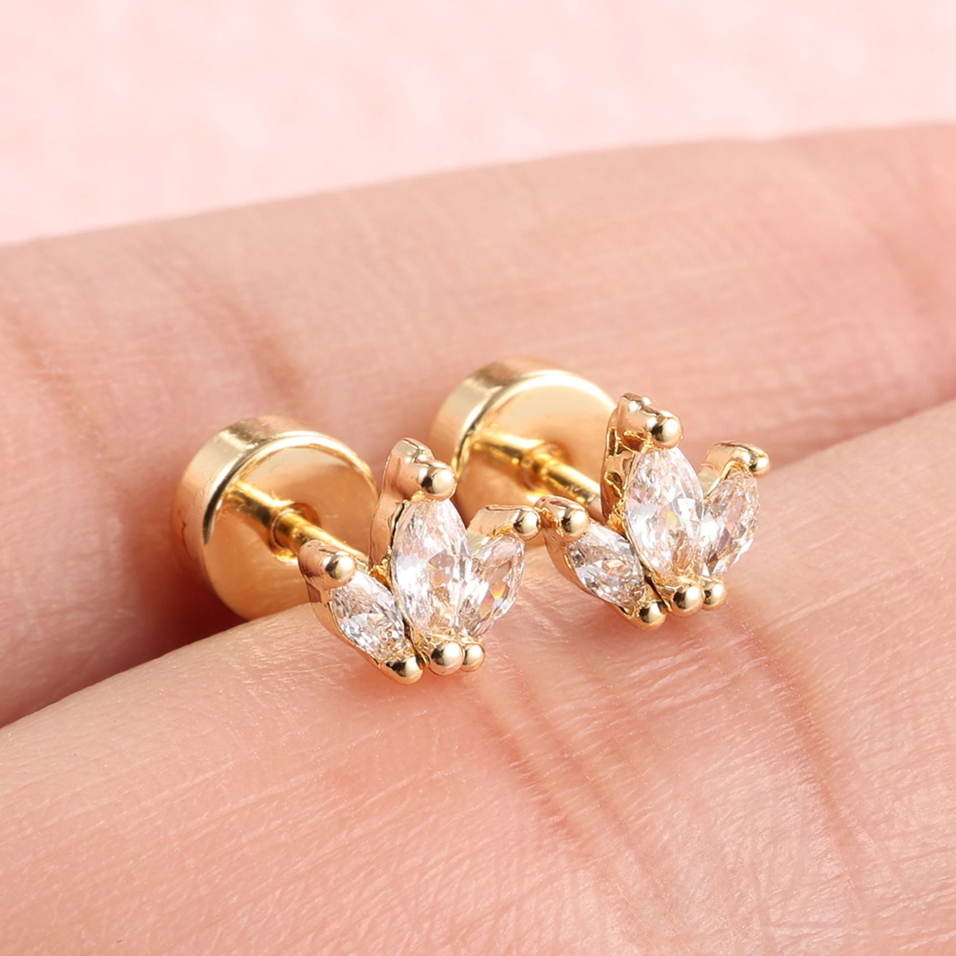1 Pair Stainless Steel + Copper Plated Real Gold Zirconia Ear Bone Studs, 20G Fine Rod Piercing Jewelry, Hot-Selling Cross-Border Product, In Stock detail image 7