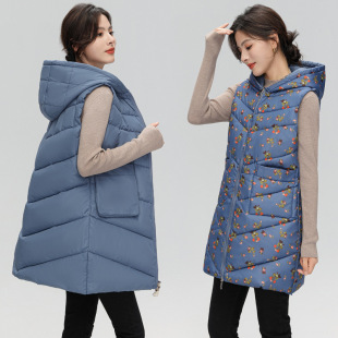 New Double-sided Printed Vest Women's Autumn and Winter Mid-length Korean-style Thickened Hooded Warm Outer Wearing Down Cotton Vest