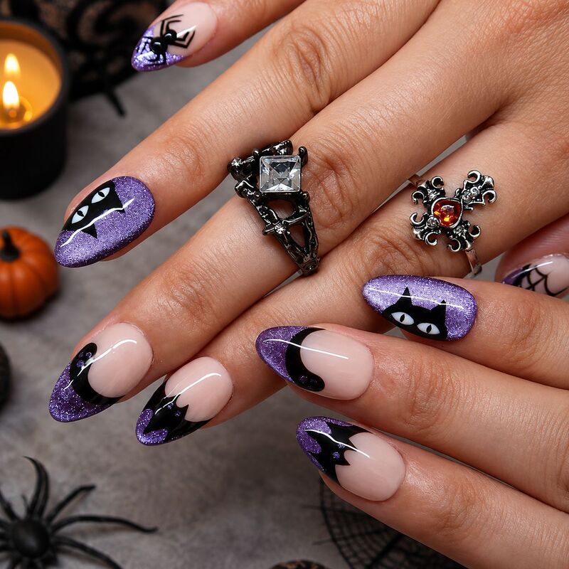 Halloween Cat Eye Wearable Nail Art Spider Bat Ghost French Nail Stickers 30 Pre-made Nails Custom Wholesale Halloween Cat Eye Wearable Nail Art Spider Bat Ghost French Nail Stickers 30 Pre-made Nails Custom Wholesale