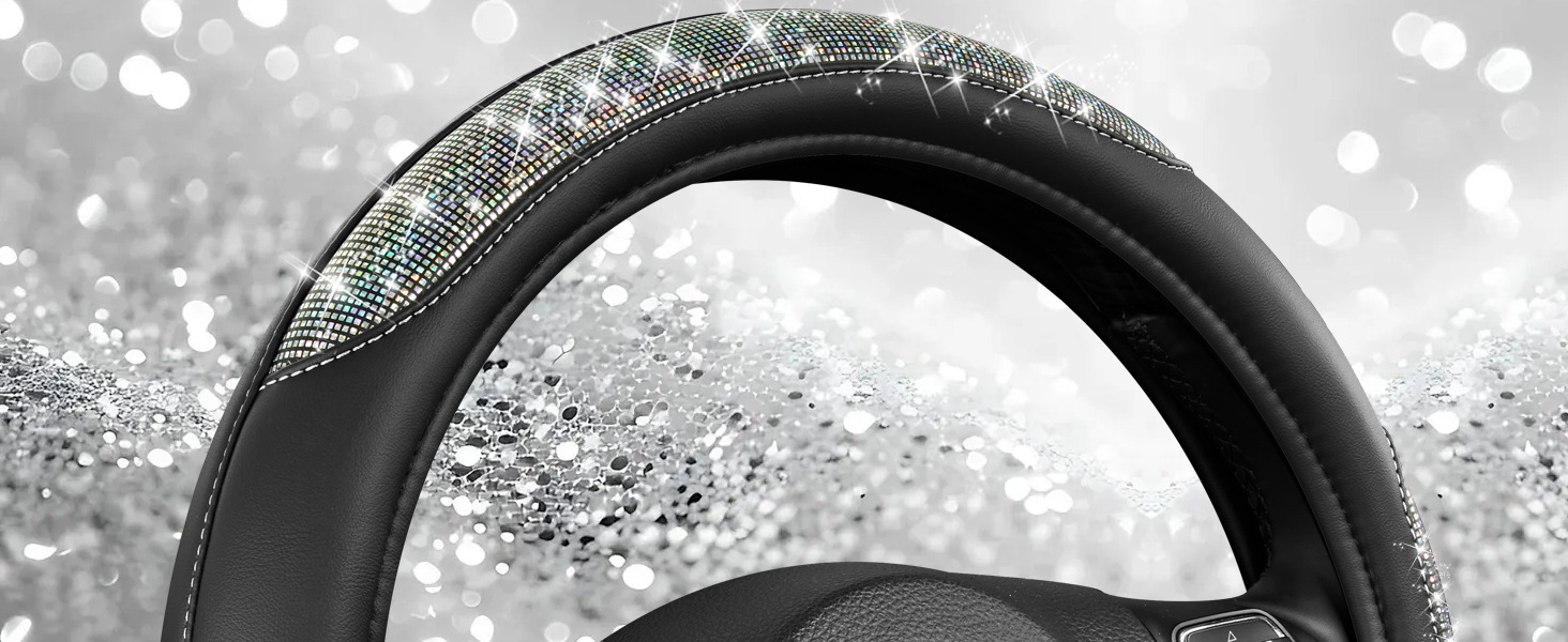 15inch Leather steering wheel cover with diamond inlay, fully enclosed, snug fit, non-slip, wear-resistant car steering wheel protector