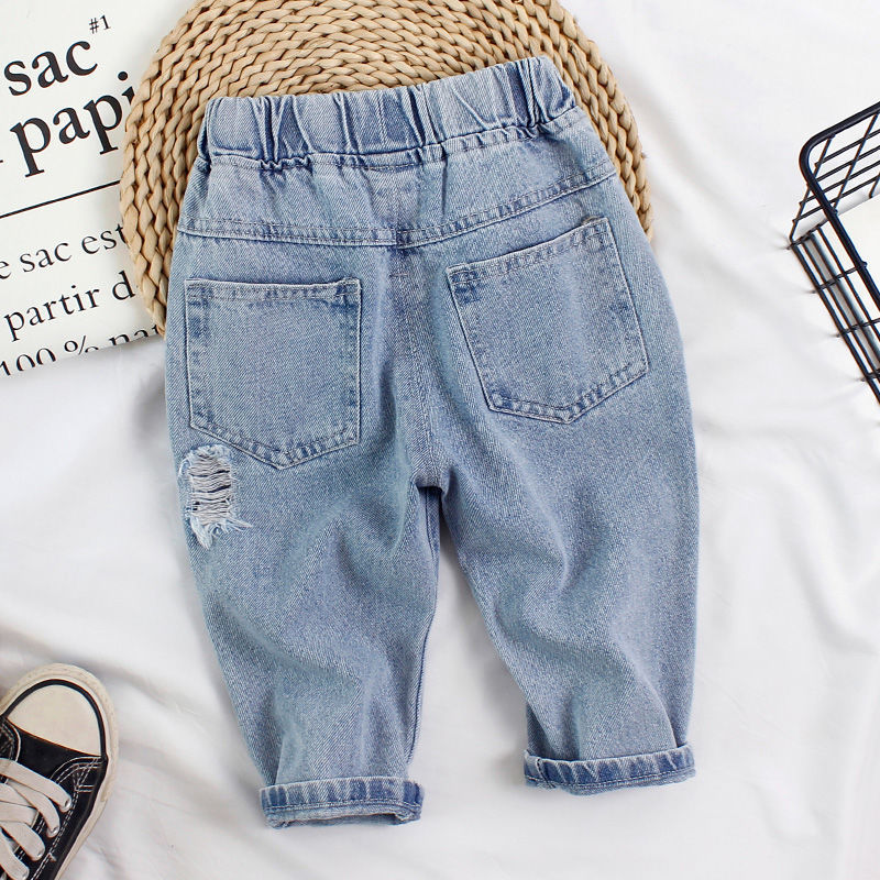 Ropa infantil, bebé, jeans para niños, primavera de 2026 para niños y niñas de 1 a 7 años de edad, jeans holgados, agujeros de aire extranjero