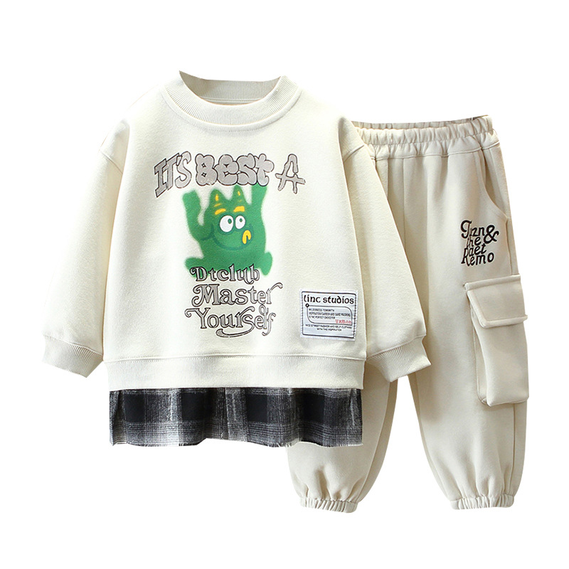 7676 Traje para niños para niños Primavera y otoño 2025 Nuevo suéter de primavera para niños de dos piezas Moda suelta Versión coreana