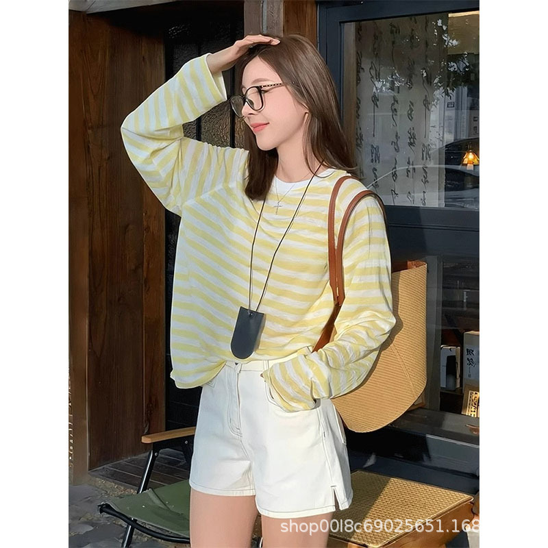 Korean Style Yellow Striped Long-sleeved Sunscreen T-shirt Women's Summer New Style Small Loose Outer Thin Blouse Top