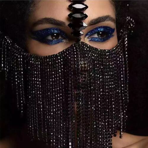 Women girls belly dance silver black veil mask Halloween decorations rhinestones tassel masks dance party attention shining diamond face mask