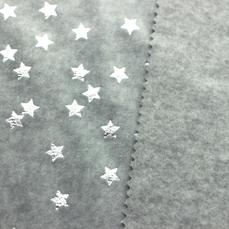 满天星烫银双面绒布针织全涤短纤麻灰五角星烫银摇粒绒双面绒布料