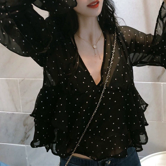 Новый китайский дизайн очень сказочный, свободная точка, черная рубашка шифоновая ранняя весна короткий воротник тонкий топ с длинными рукавами
