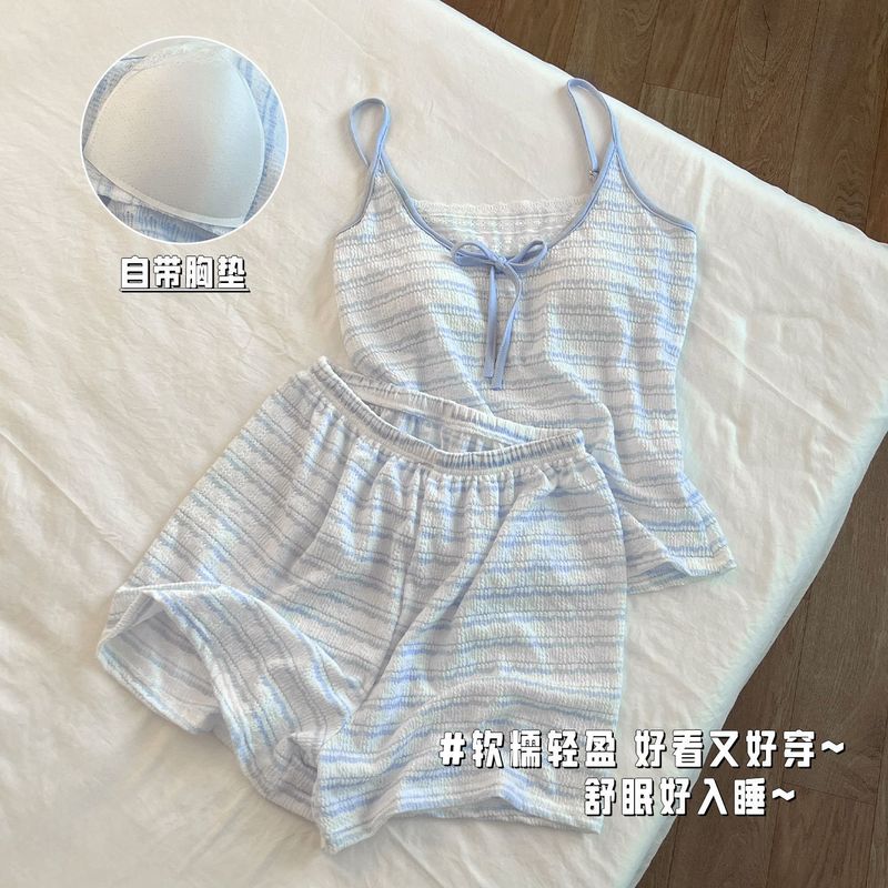 甜美条纹蕾丝睡衣女款夏季2025新款带胸垫吊带背心短裤家居服套装|undefined