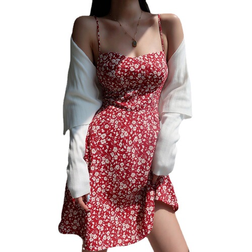 French retro girly V-neck red floral suspender skirt slim fit waist strap short skirt vacation dress