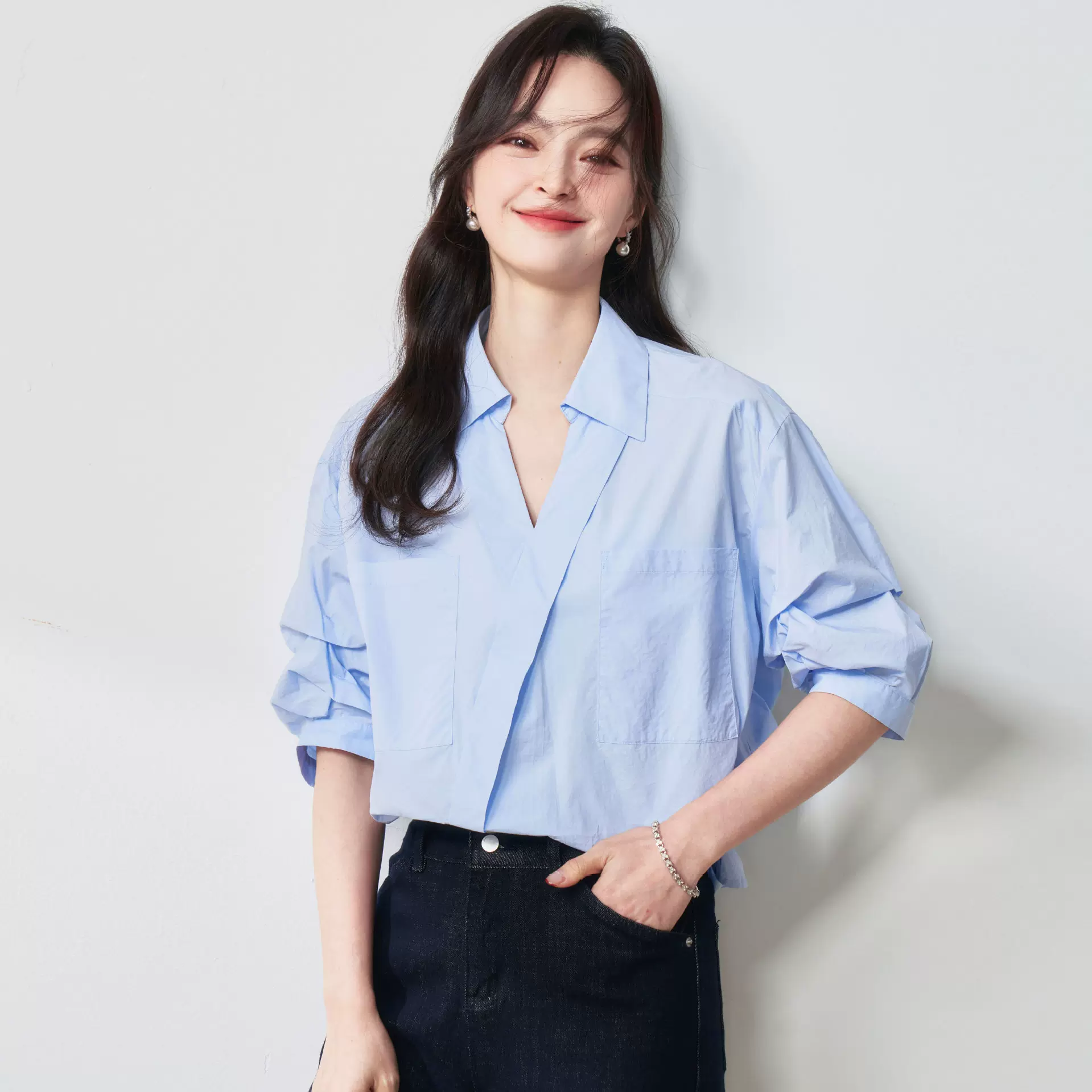 25秋气质职场斜门襟V领套头五分袖衬衫通勤小众休闲上衣25079