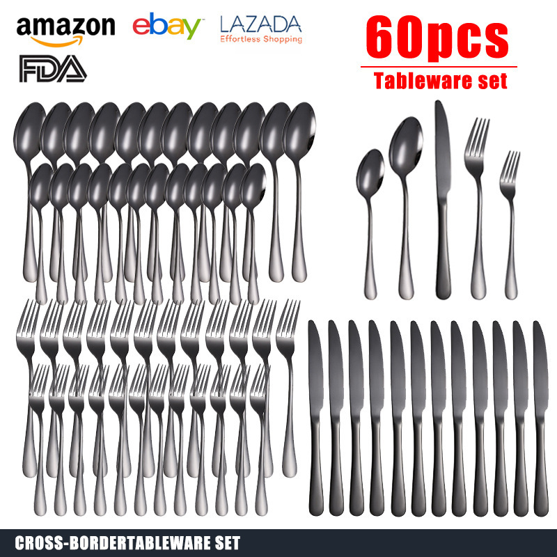 Cross-border Amazon stainless steel cutlery knife, fork and spoon suit 12-person color boxed 60-piece set of titanium-plated western food fork and spoon