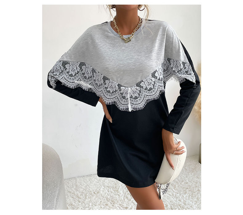 long-sleeved round neck lace stitching sweatershirt dress nihaostyles wholesale clothing NSDMB88636