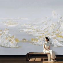 新中式浅灰山水壁画千里江山壁纸电视背景墙纸客厅影视墙壁布墙布