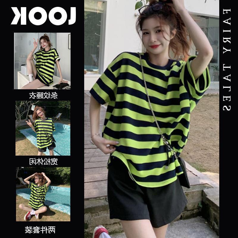 Internet Celebrity Ins Style Striped Pajamas Women's Summer Short-sleeved Shorts Korean Style Casual Loose Outwear Home Clothes Wholesale