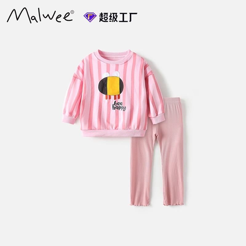 Malwee transfronterizo conjunto de niñas otoño y invierno nuevo estilo europeo y americano para niños de media edad, chaqueta de cuello redondo, pantalones de cintura elástica de dos piezas