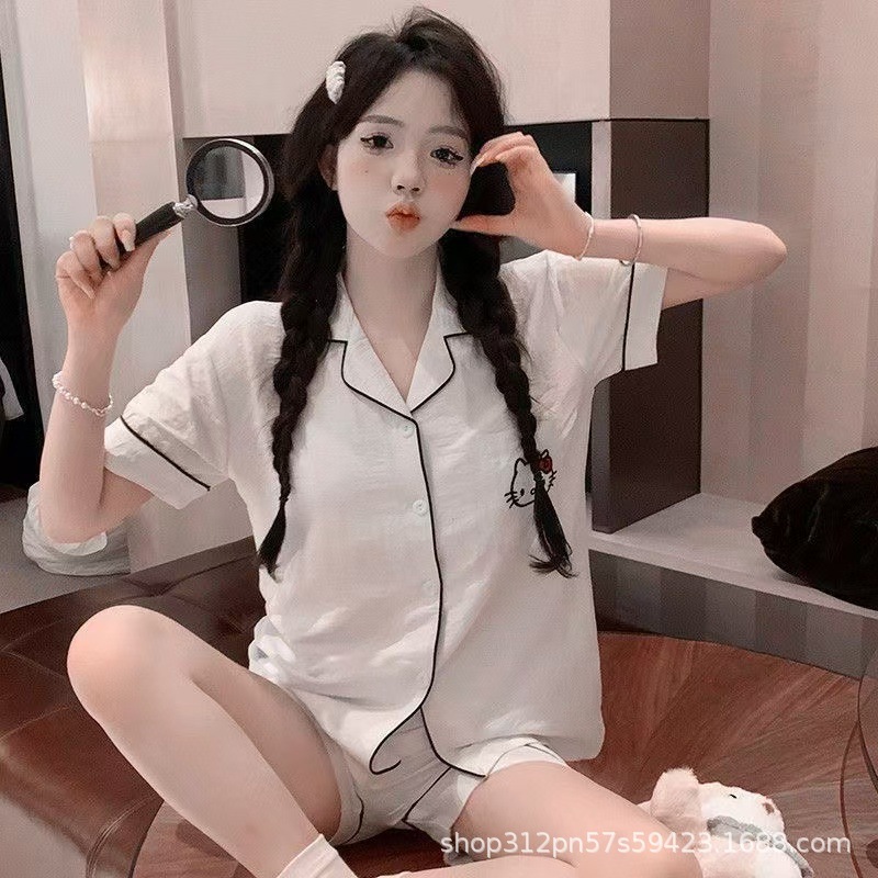 云朵棉短袖睡衣女夏季简约桃心印花夏天可外穿家居服套装跨境批发|undefined