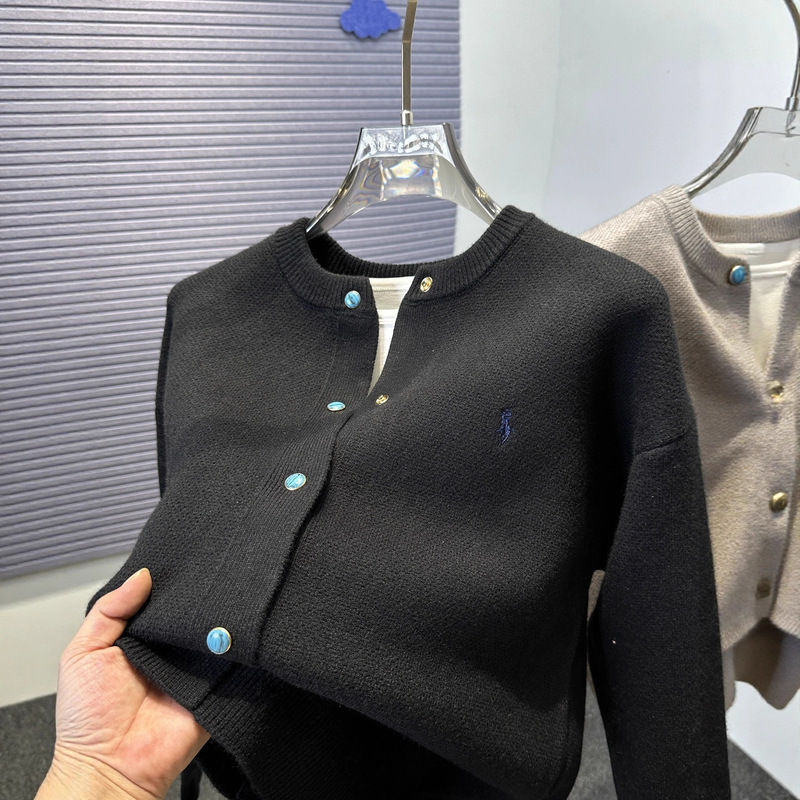 Turquoise Colorful Button Embroidered Knitted Cardigan Men's Autum High-End Lazy Style Casual Round Neck Sweater Jacket