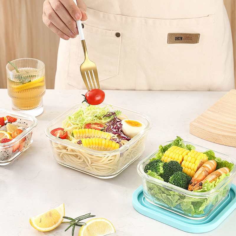 Caja de almuerzo de vidrio de borosilicato cuadrado trabajo horno microondas caja de almuerzo resistente a altas temperaturas refrigerador tapa de silicona de vidrio
