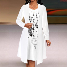 2025年欧美跨境秋冬外贸新款数码印花假两件套秋冬长袖中长连衣裙