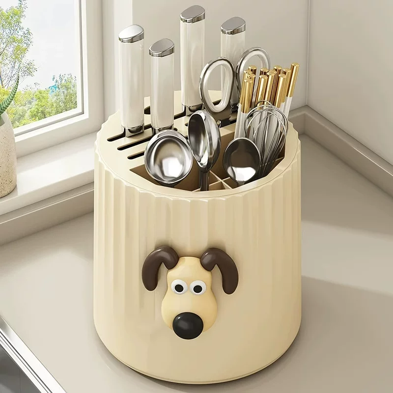 Rotating kitchen utensil holder, cream yellow, large capacity, rotatable base