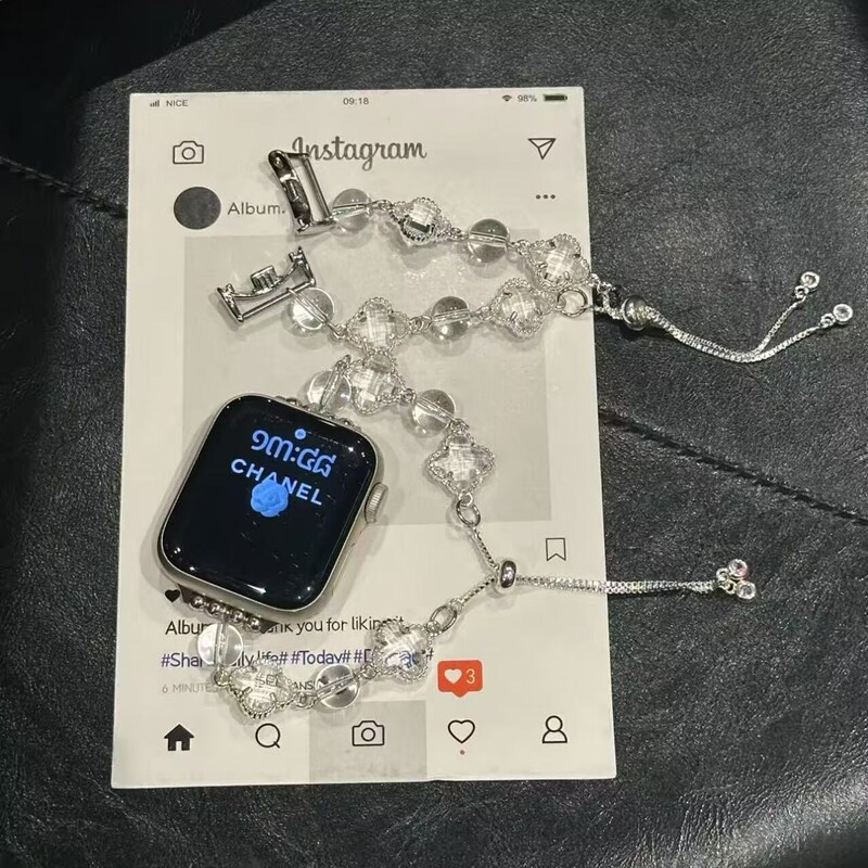Suitable for Apple Watch iWatch Crystal Bracelet Strap for Women, Light Luxury Niche Metal Beaded Chain Model