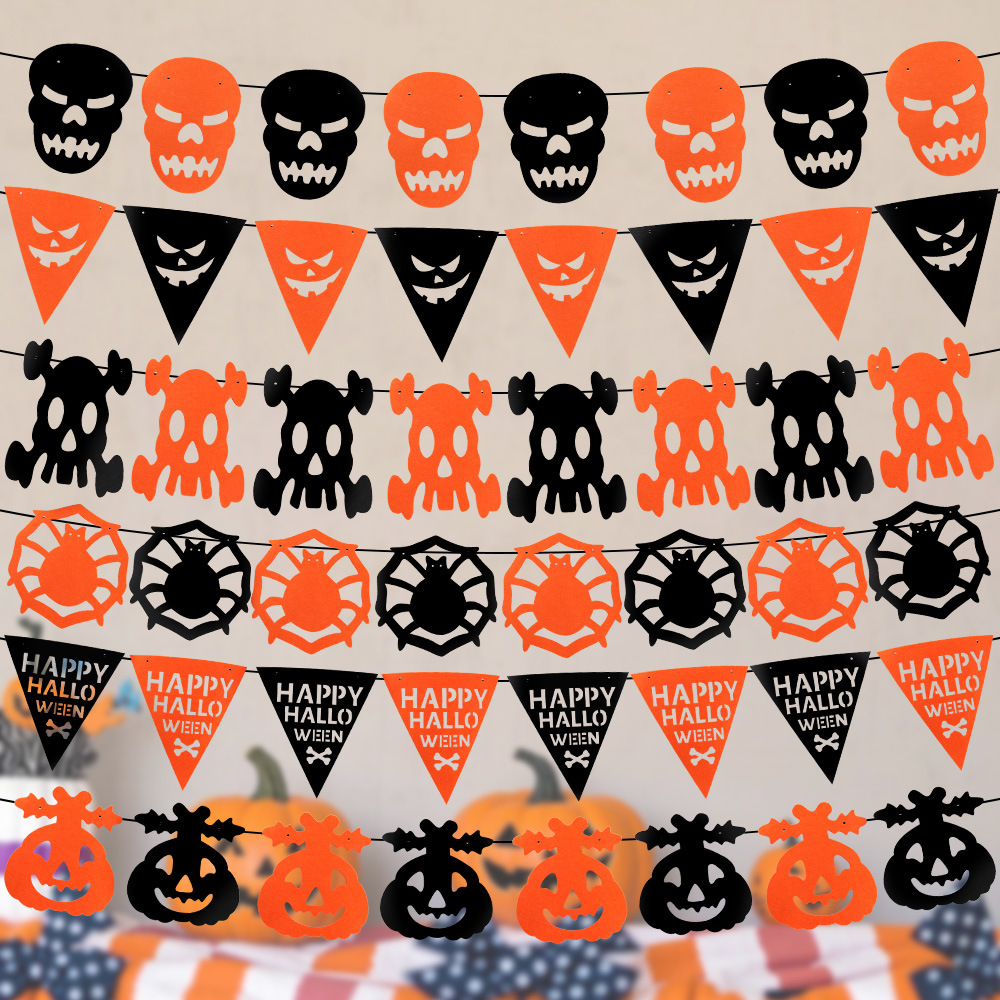 Nueva bandera de halloween tela no tejida bandera de color naranja negro KTV bar decoración de fiesta esqueleto araña colgante tirar de flores