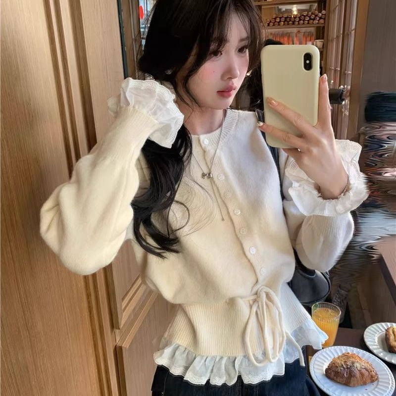 韩系荷叶边设计感毛衣女开衫2025春秋季新款洋气圆领针织上衣外套|undefined