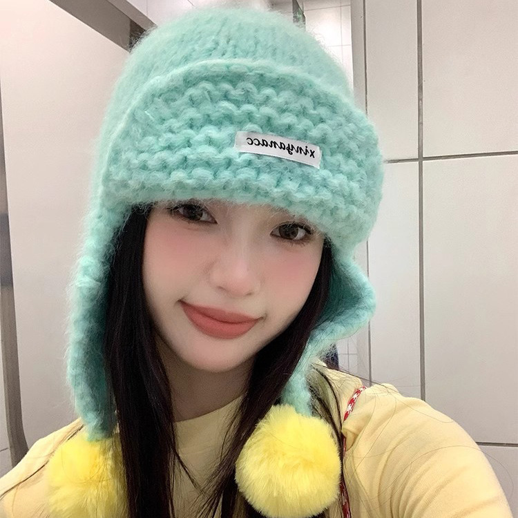 帽子ニットファーボールモヘア耳保護帽子女性の秋と冬の顔見せ小さなウールの帽子厚く暖かい雷峰帽子|undefined