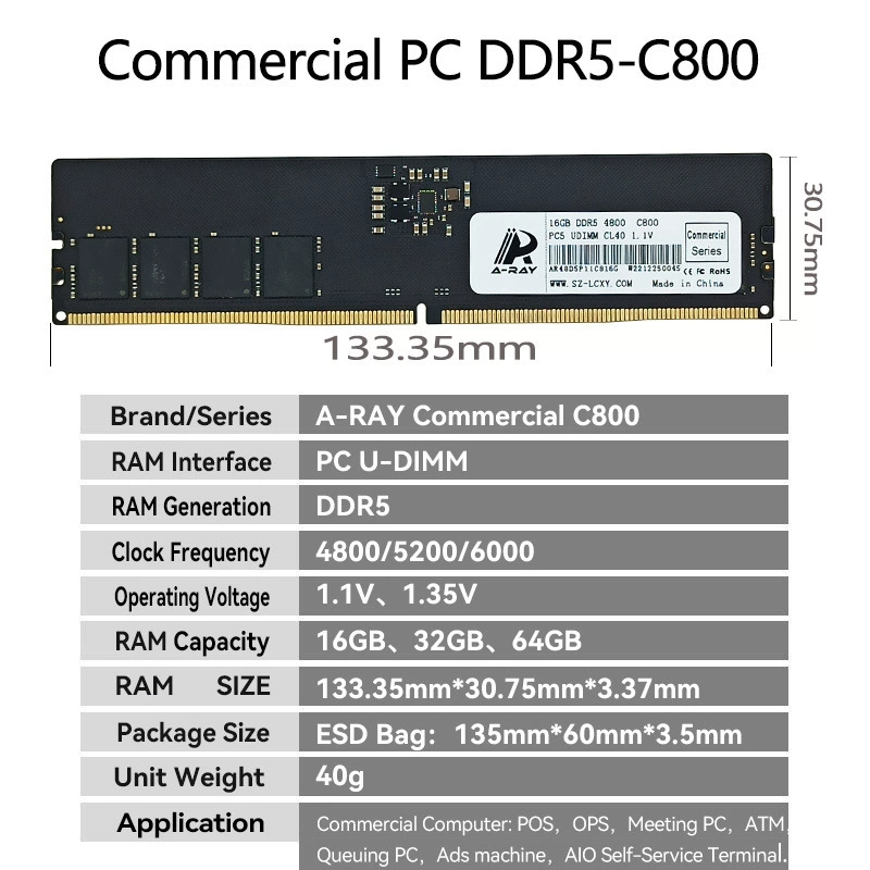 Настольная DDR5 RAM (A-A-Ray) 16 ГБ/32 ГБ, 4800–5600 МТ/с, коммерческого класса