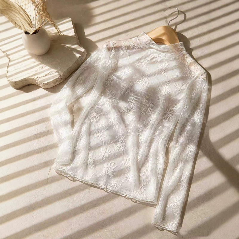 New half-high collar lace top for women, hollow-out transparent mesh top, versatile see-through long-sleeve base shirt for spring New half-high collar lace top for women, hollow-out transparent mesh top, versatile see-through long-sleeve base shirt for spring
