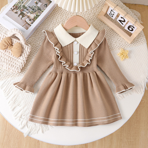 INS Bestselling Children's Knit Long Dress for Girls, Spring, Autumn, and Winter, Collar Knit Dress with Long Sleeves, Princess Dress, One-Piece Long Dress