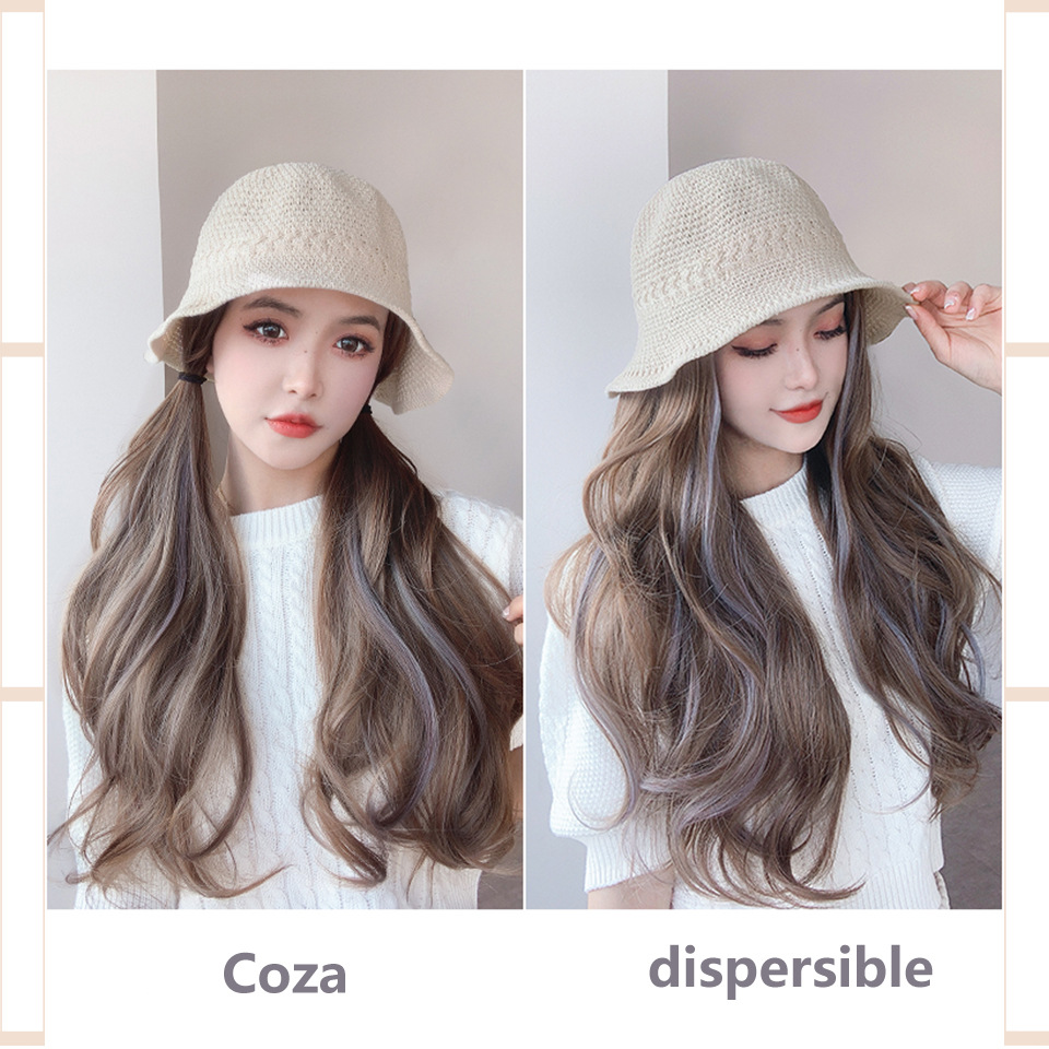 Perruque Cheveux longs bouclés Perruque chapeau de pêcheur Mèches cheveux haute température 50cm couvre la ligne des cheveux_voghion.com