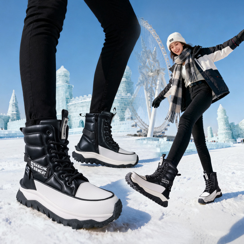 Cross-border in-stock non-slip thick-soled Northeast cotton shoes for women, plush-lined fashionable cotton boots, warm and thickened winter snow boots Cross-border in-stock non-slip thick-soled Northeast cotton shoes for women, plush-lined fashionable cotton boots, warm and thickened winter snow boots