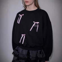 现货~韩国小众Rose Frantz圆领织带刺绣字母蝴蝶结长袖卫衣上衣女