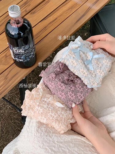 Japanese floral girl style British pear puff pure cotton crotch seamless ear-edged mid-waist lace panties for women