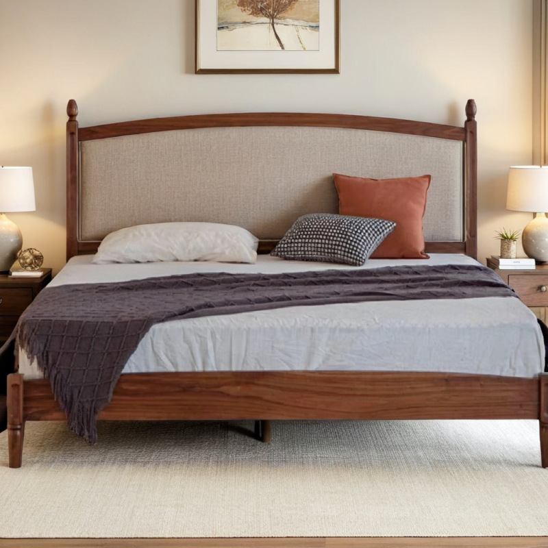Nordic Black Walnut Solid Wood Bed Retro Japanese Cherry Wood Soft Backrest Double Bed Simple Oak Bed Nordic Black Walnut Solid Wood Bed Retro Japanese Cherry Wood Soft Backrest Double Bed Simple Oak Bed